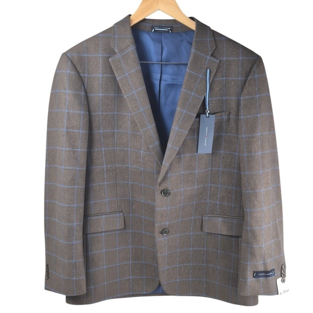 Tommy Hilfiger Blazer Mens 42R Brown NWT Wool Blend Slim Fit Windowpane Check